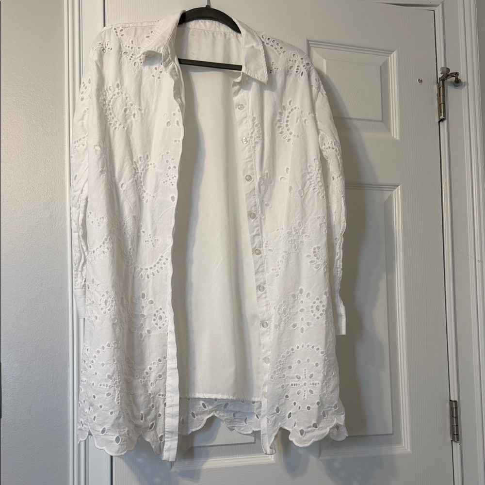 White Eyelet Button-Down Tunic Shirt